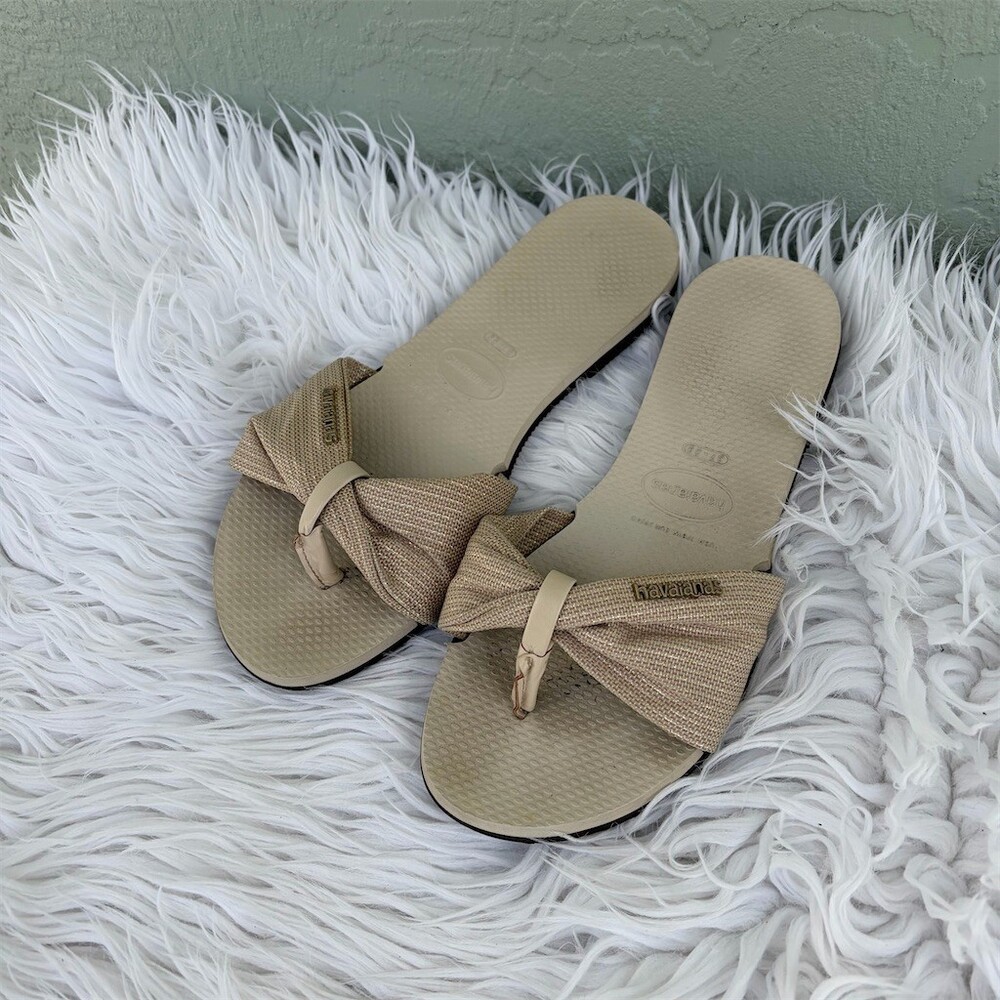 Havaianas Women's Thong Sandals Beige/Gold Bow Flip Flops EU 37-38
